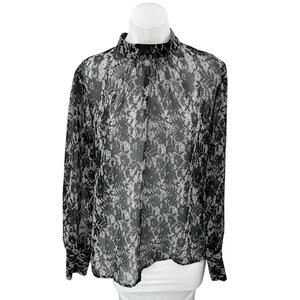 Who What Wear Black Silky Satin Floral Long Sleeve Mock Neck Blouse Top Size L